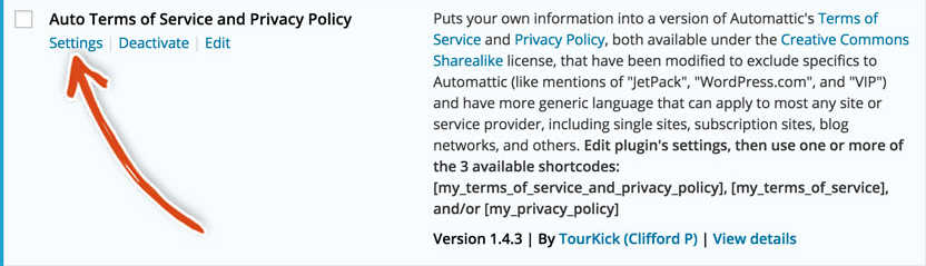 wordpress auto terms of service and privacy policy settings