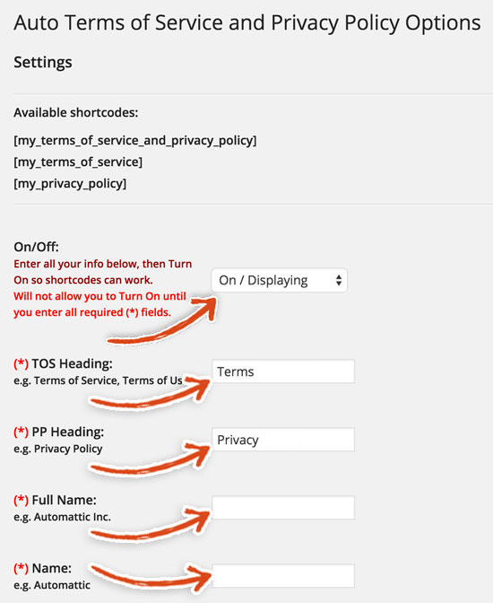 wordpress plugin auto terms of service privacy policy options